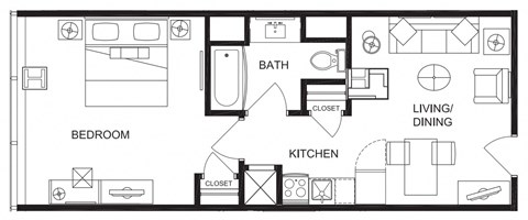 Floor plan for 1 bed, 1 bath, 635 sqft